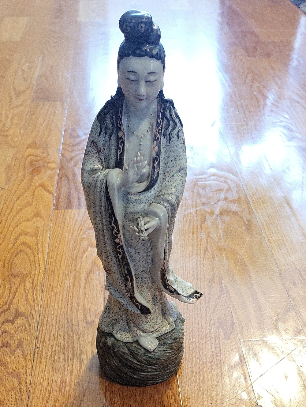 Porcelain Kuan Yin Figurine in White and Black - Serene Home Sculpture